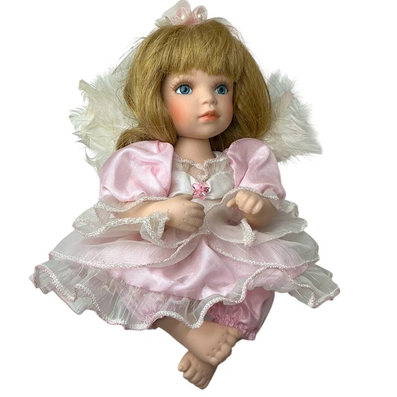 Geppeddo Vintage Porcelain Angel Doll Detachable Wings Pink Satin Dress 8” - Picture 2 of 16